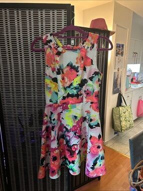 LARA White Floral Fit-and-Flare Dress with Pink, Neon Yellow & Teal Accents